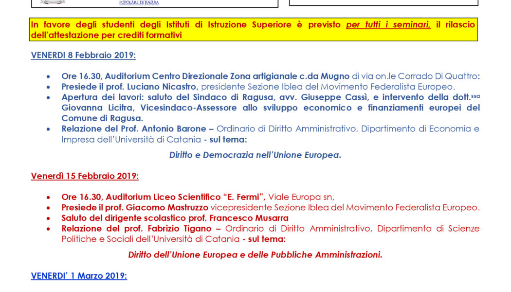 Seminari informativo-formativi sui Trattati dell’UNIONE EUROPEA a cura della SEZIONE IBLEA DEL MOVIMENTO FEDERALISTA EUROPEO